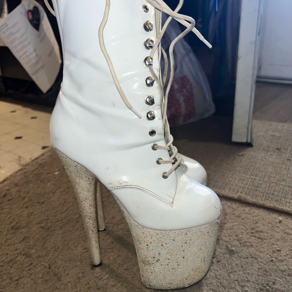 Custom made white pleaser boots
